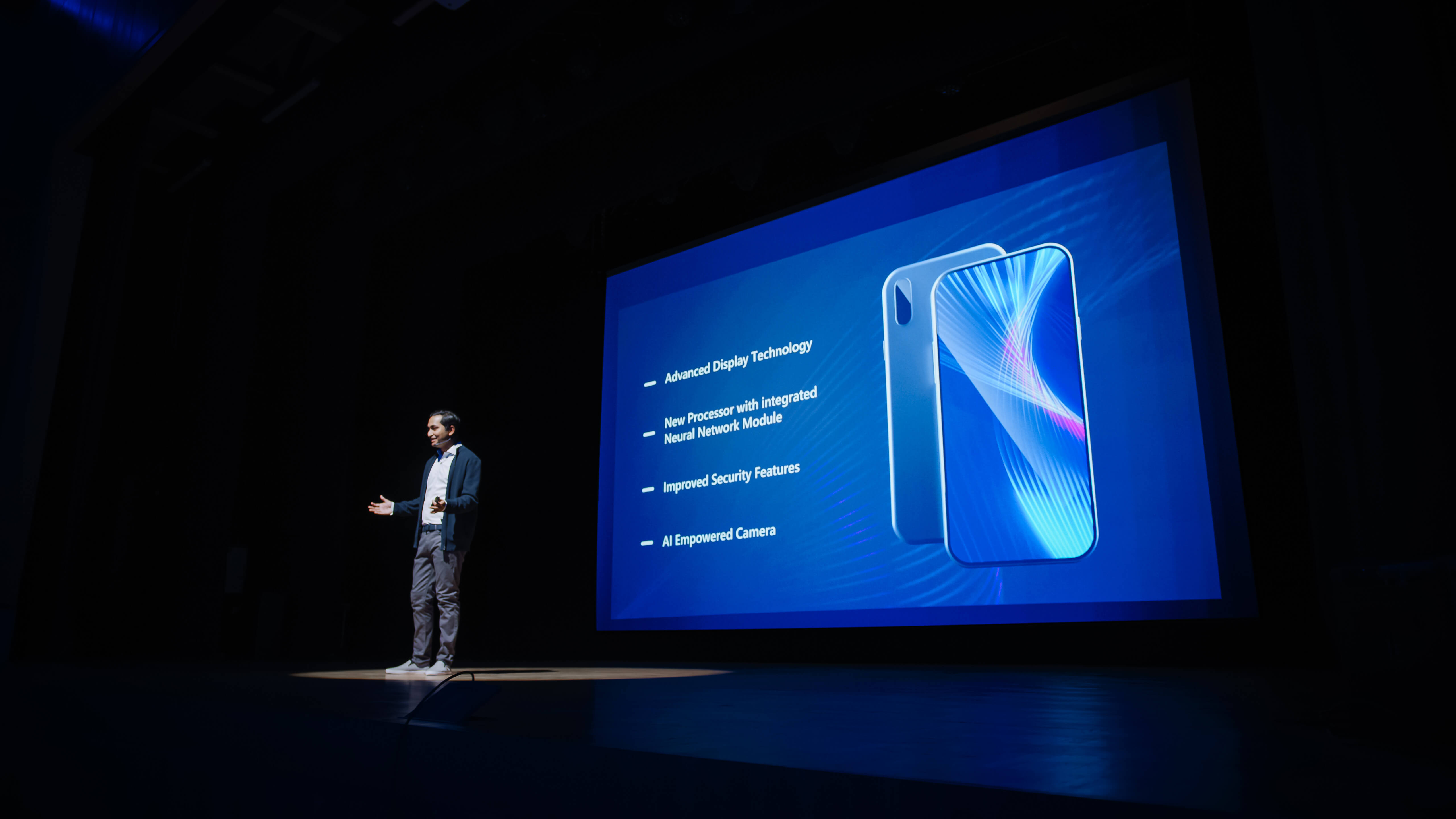 Keynote stage product launch with LED hero wall